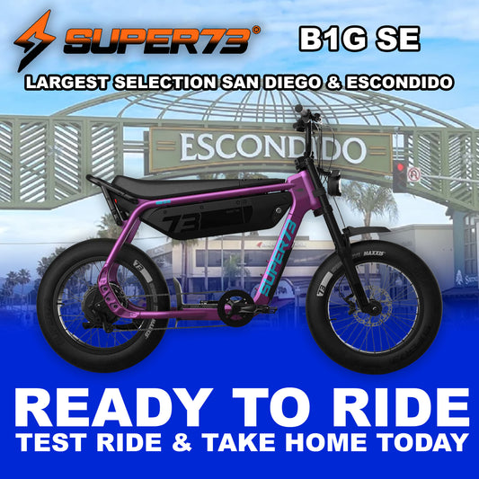 Super73 B1G SE eBike in Cullenberry color, parked outdoors in Escondido, side view