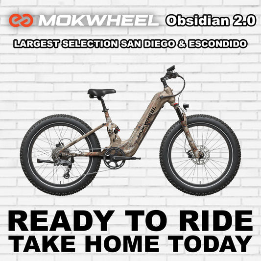 Mokwheel Obsidian 2.0 ST electric bike in Desert Camo color, side view, displayed on a white background