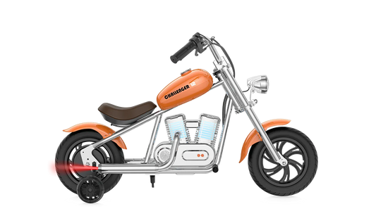 Orange eMOTO Hyper Gogo Challenger 12 Plus electric bike with training wheels, shown in profile, featuring app connectivity