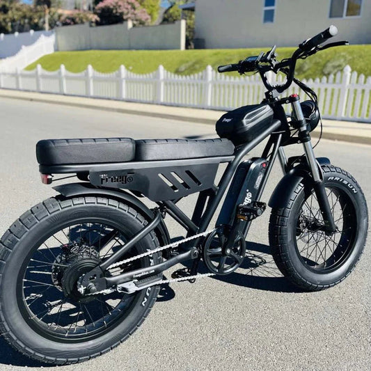 Green eMOTO FREEGO Shotgun Lite F0 electric mini fat tire eBike with 500W motor, e-moto style, side view, product image