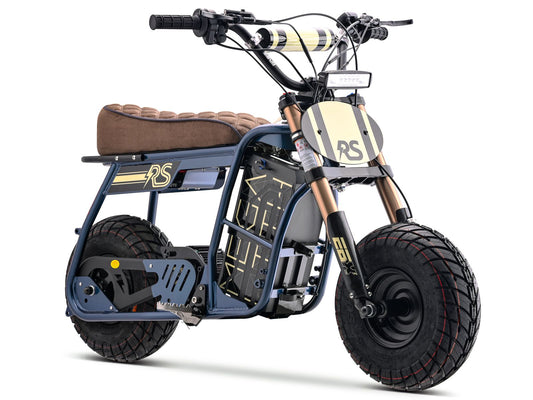 Side view of the eMOTO Stomp Ebox Dragster RS electric dirt bike in black and green, displayed on a white background.