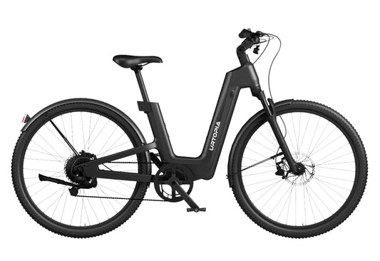 Urtopia Carbon Fusion Pro eBike in Blazing Black, side view, showcasing sleek carbon frame and modern design