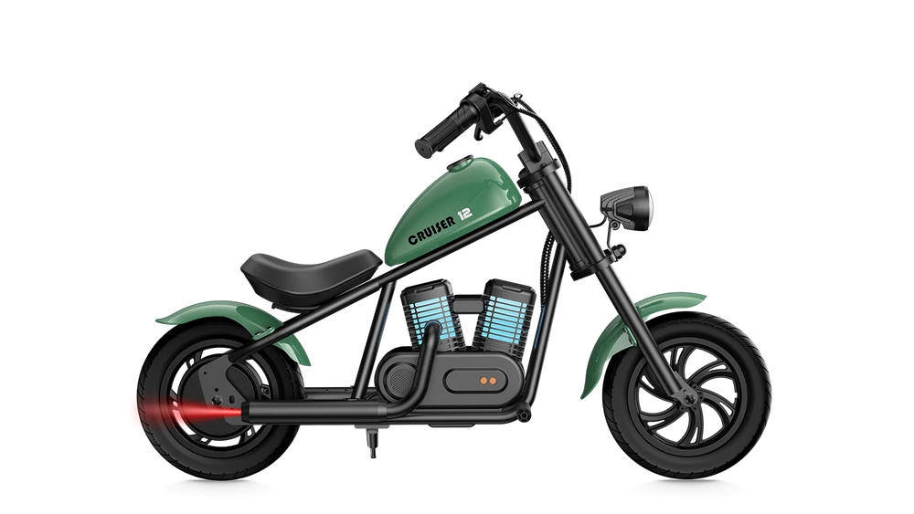 Green eMOTO Hyper Gogo Cruiser 12 Plus electric bike, side view, displayed on a white background