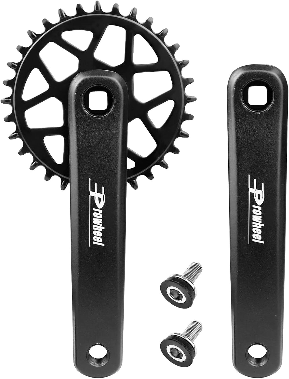 A close-up view of a Prowheel bicycle crankset, showing the crank arms and chainrings attached to a bike frame.
