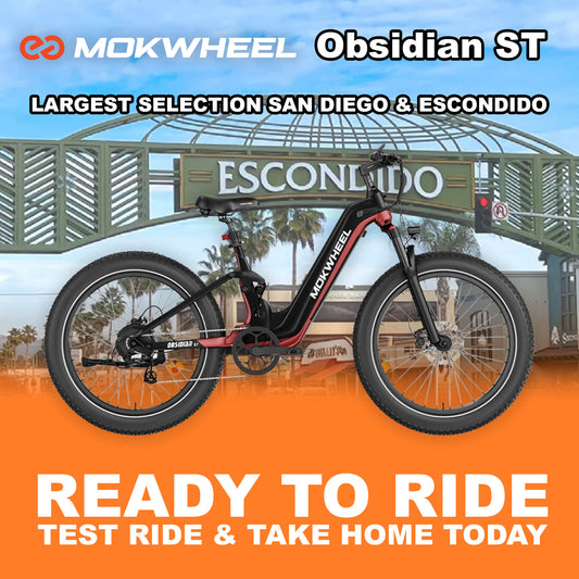 Mokwheel Obsidian ST eBike in black and red, side view, ready to ride, product image