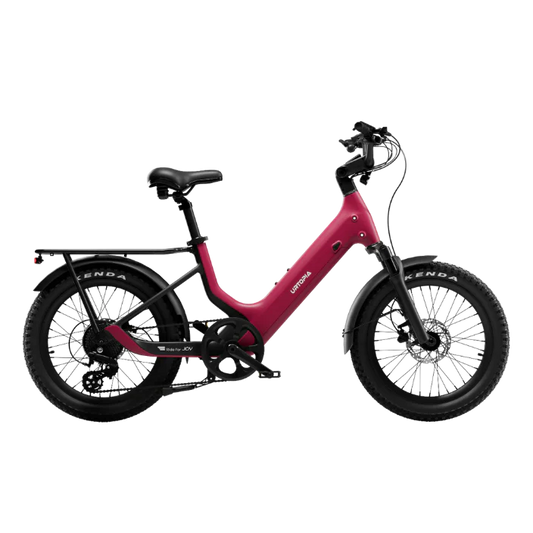 Urtopia Carbon Joy eBike in Rose Red, side view, showcasing lightweight carbon frame and modern design