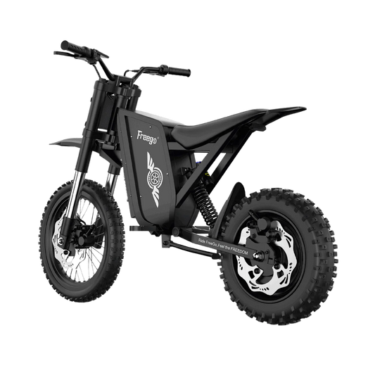 Side view of the eMOTO Freego X0 Electric Mini scooter in black, showing its compact frame, wide footboard, and thick tires against a plain background.