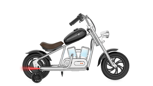 Black eMOTO Hyper Gogo Challenger 12 Plus electric bike with training wheels, shown in side view; features app connectivity.