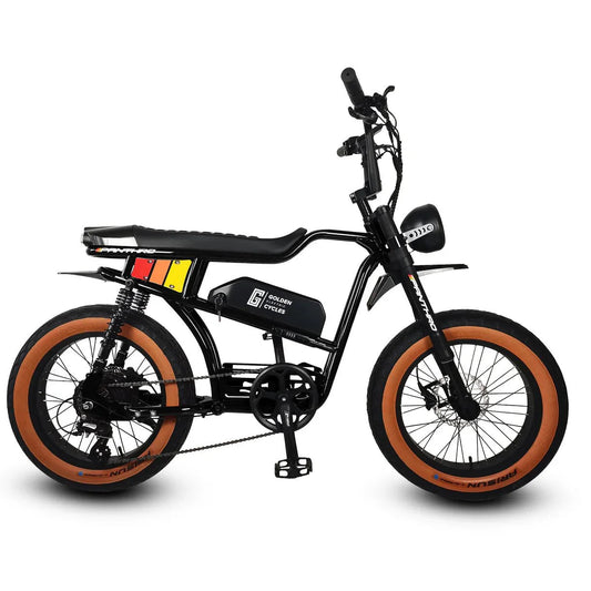 Black eMOTO GOLDEN CYCLE Panthro 750w Moto eBike with 20x4 fat tires, e-moto style, side view, product image