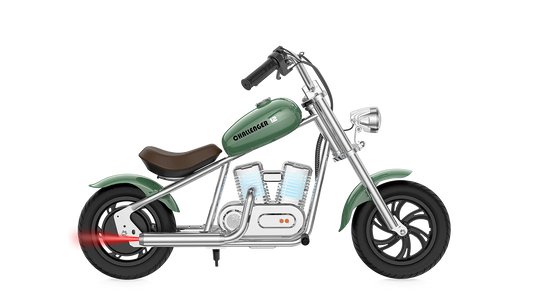 Green eMOTO Hyper Gogo Challenger 12 Plus electric bike without training wheels, side view, shown on a white background.