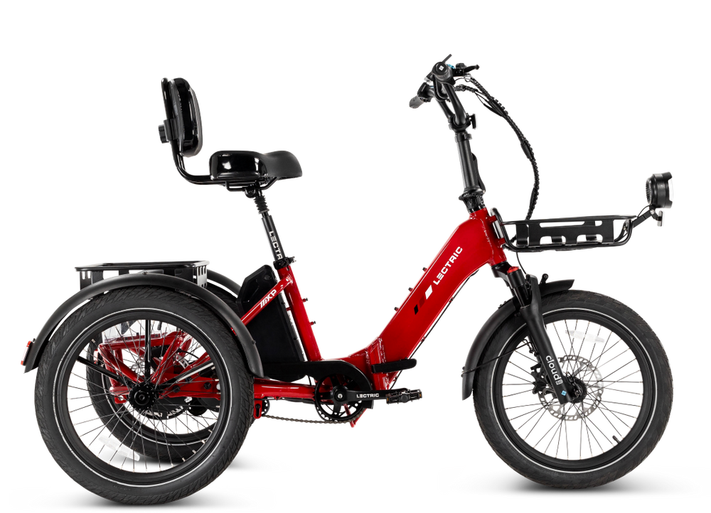 Lectric XP Trike 2 electric tricycle in Phoenix Red, side view, product image