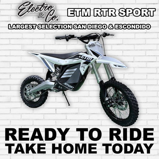 White eMOTO Electro & Co RTR Sport electric motorcycle, side view, on a plain background