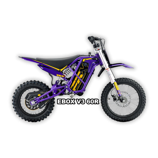eMOTO Stomp Ebox V3 60 R electric bike in purple and gold, shown in its box