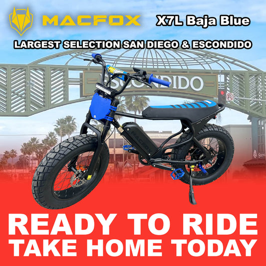 Macfox X7 eBike in Baja Blue, side view, ready to ride, displayed against a plain background