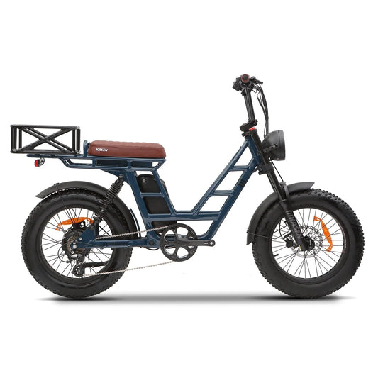Retro blue KASEN Malibu 1000W step-thru electric cargo eBike with 20x4 fat tires
