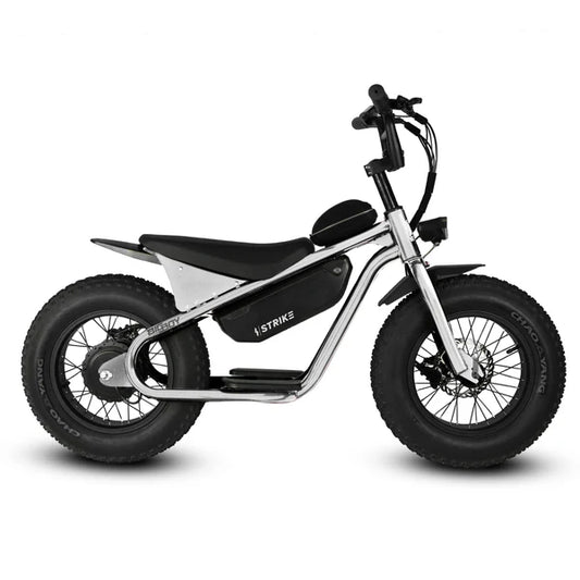 A chrome eBike Strike Big Boy electric bicycle displayed from a side angle, highlighting its metallic finish, sturdy frame, and large tires.