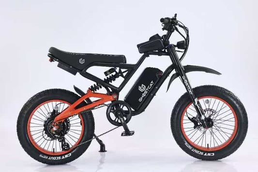 Side view of the eMOTO GHOSTCAT F3x.2 1500W Pro electric scooter, showcasing its sturdy frame, large tires, and sleek black design.