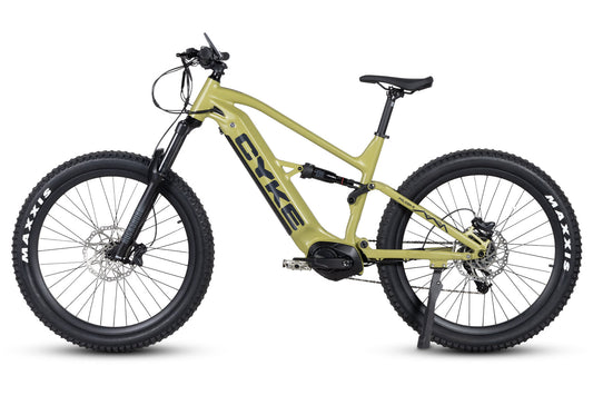 Military green eBike Cyke Falcon A, side view, showcasing frame design and tires