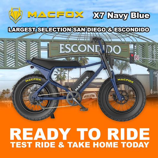 Navy blue Macfox X7 eBike with single battery, X7 Trim, displayed in Escondido setting, product image R2R