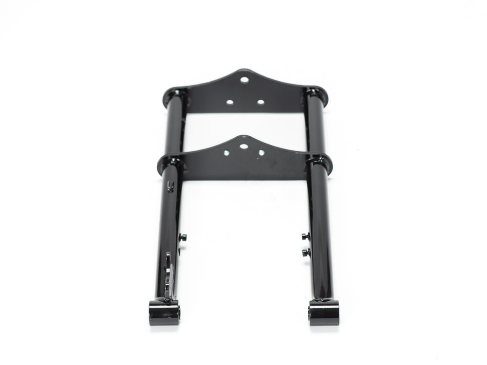 Stomp Ebox Dragster Forks, front view showing silver suspension forks with black mounting brackets and axle clamps, displayed against a white background.