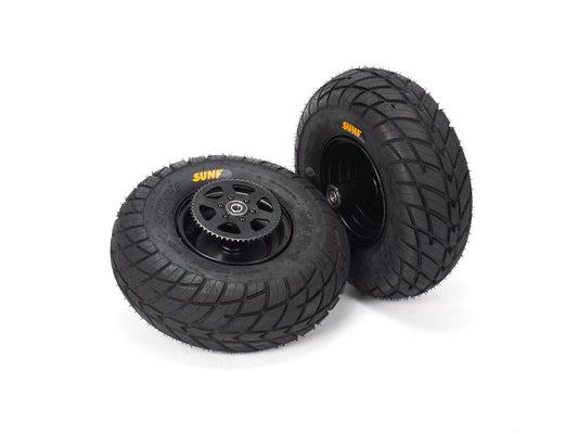 Stomp Ebox Dragster Road Wheel Set featuring two black alloy wheels with slick road tires, displayed side by side on a white background.