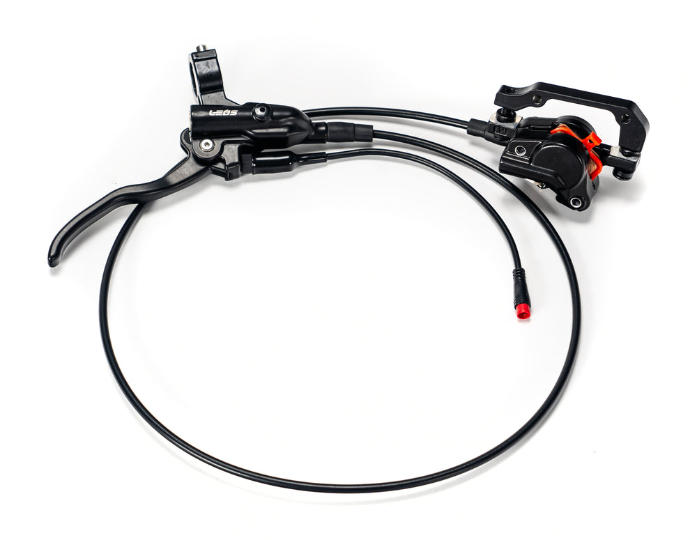 Stomp Ebox EBX front brake system showing caliper, brake lever, and connecting hose against a white background.