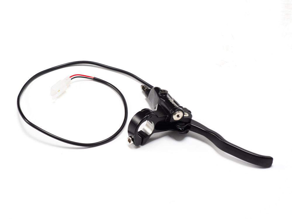 Front view of the Stomp Ebox front brake lever and master cylinder, showing the black lever attached to the silver master cylinder assembly.