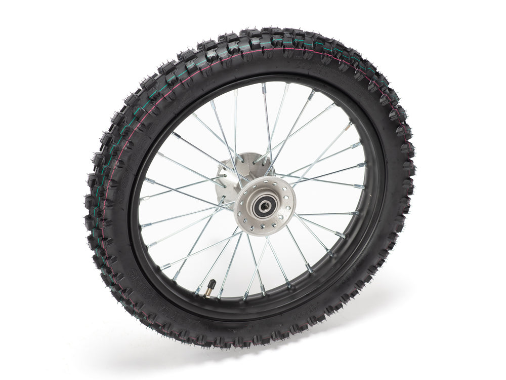 Front view of a 14-inch Stomp Ebox dirt bike front wheel with knobby tire and silver spokes.