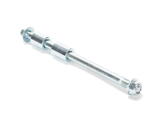 Front view of a Stomp Ebox front wheel axle, showing the metal axle rod with threaded ends and included hardware against a plain background.