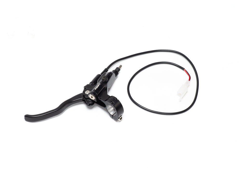 Stomp Ebox rear brake lever and master cylinder assembly, silver metal components with mounting hardware, displayed on a white background.