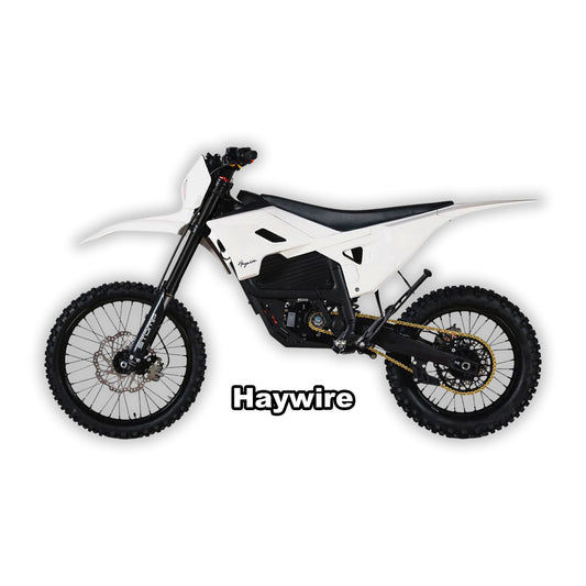 White box packaging for Stomp Haywire eMOTO electric bike, featuring product branding and specifications.