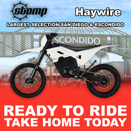 Stomp Haywire eMOTO electric bike in white, side view, model R2R