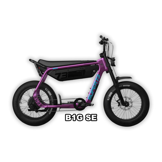 Super73 B1GSE electric bike in Cullenberry color, displayed in its original packaging box.