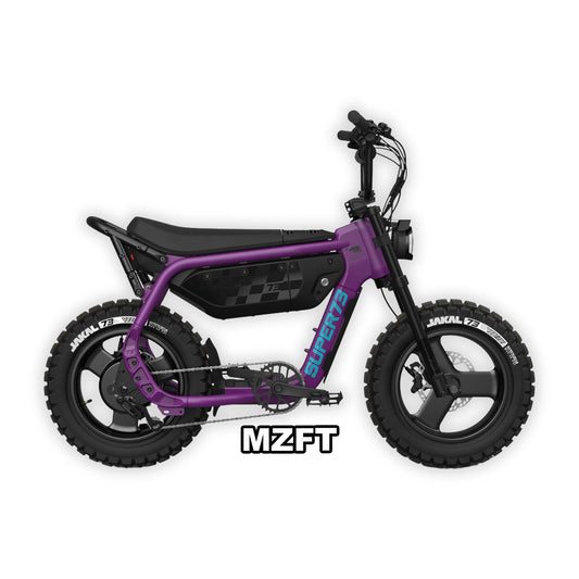 Super73 MZFT e-bike in Cullenberry color, displayed in its original packaging box