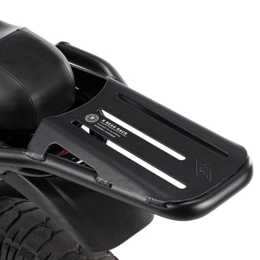 Rear cargo rack attached to a Super73 electric bike, shown from the side with mounting hardware visible.