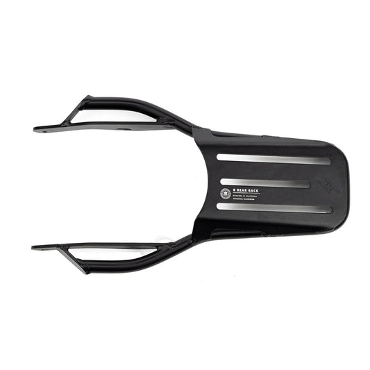 Rear rack for SUPER73 electric bike, black metal frame, mounted above rear wheel, designed for carrying cargo or accessories.
