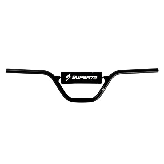 Close-up view of a Super73 Tracker handlebar featuring a retro-style design with a crossbar, mounted controls, and textured grips.