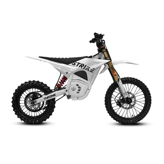 Black eMOTO Strike Shadow SV2 72V electric motorcycle parked on a white background, side view showing sleek design and modern features.
