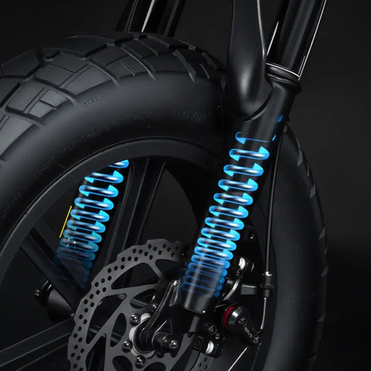 Side view of the Macfox M16 eBike in black, showcasing its sturdy frame, thick tires, and minimalist design against a plain background.