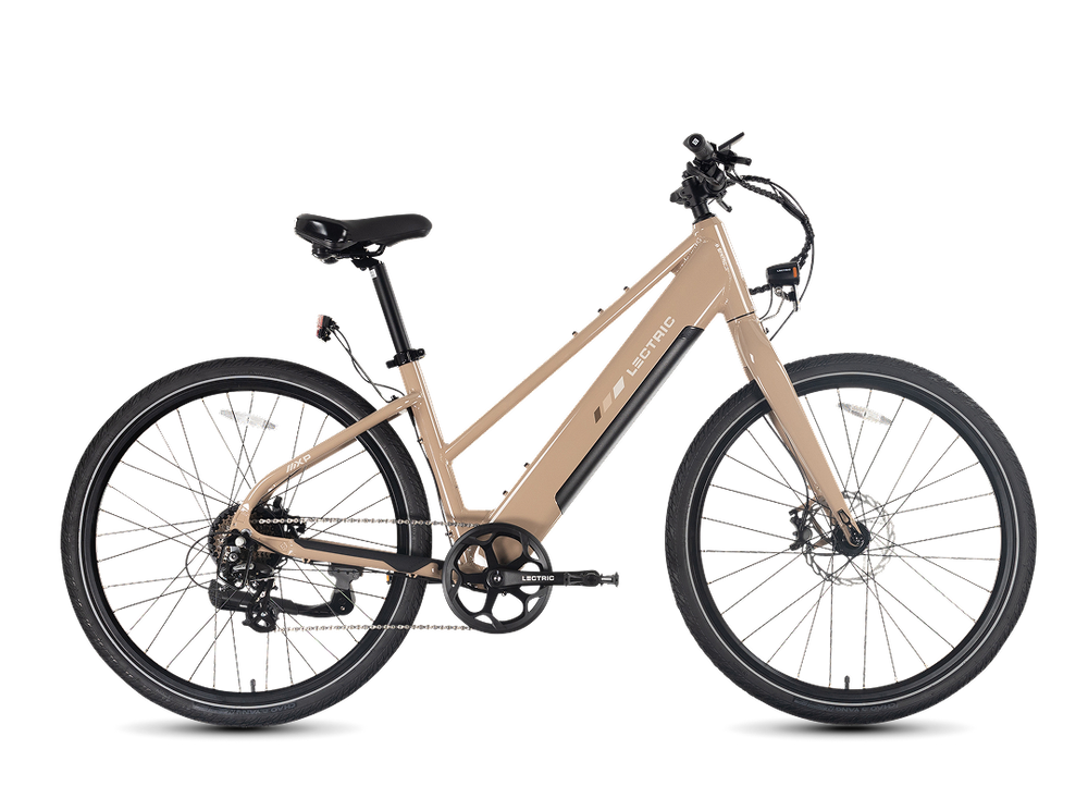 Lectric XPress Lite electric bike in Toasted Marshmallow color, side view, against a white background