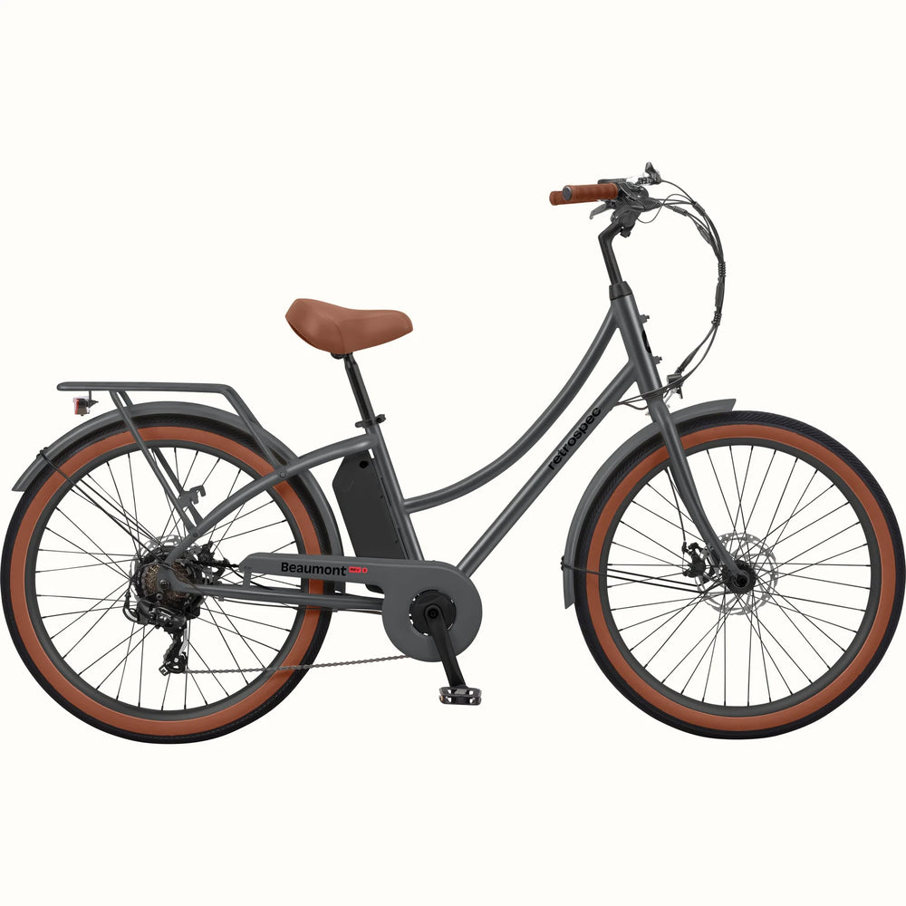 Matte graphite Retrospec Beaumont Rev 3 electric bike, side view, against a plain background