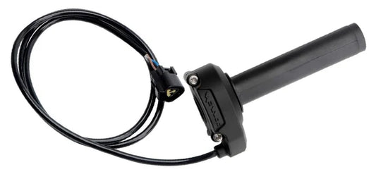 Close-up view of the Surron LBX OEM throttle replacement, showing the throttle assembly with attached wiring and connectors on a white background.