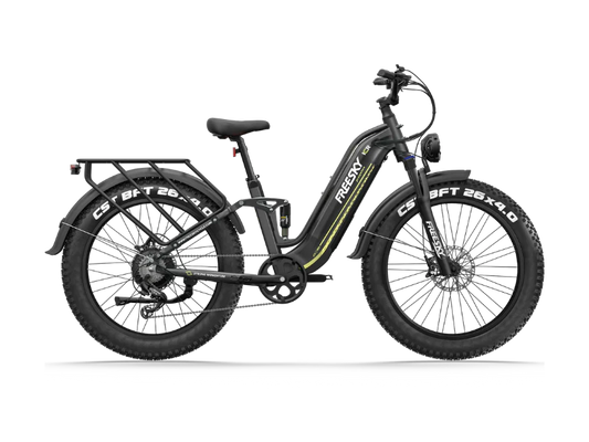 Black Freesky Wild Cat Ultra A-340 eBike, side view, showcasing frame, wheels, and battery