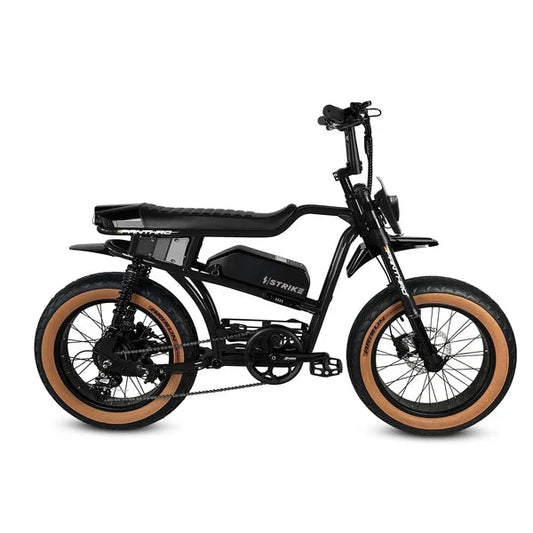Black eMOTO eBike Strike Panthro, side view, showcasing sleek frame design and modern features