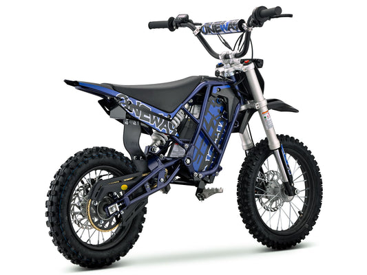 Side view of the eMOTO Stomp Ebox V3 72 RS electric dirt bike, showcasing its black and green frame, knobby tires, and modern design against a plain background.