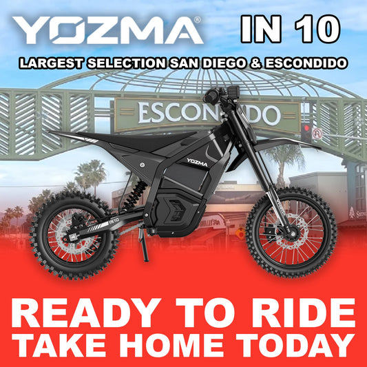 Black eMOTO Yozma IN 10 electric scooter, ready to ride, side view against a plain background