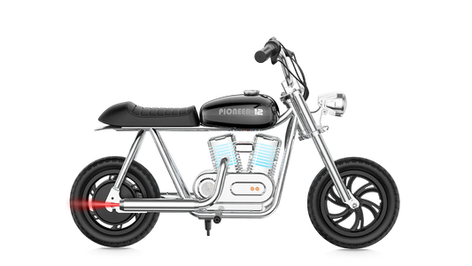 Black eMOTO Hyper Gogo Pioneer 12 Plus electric bike without training wheels, shown in side view, app-compatible model