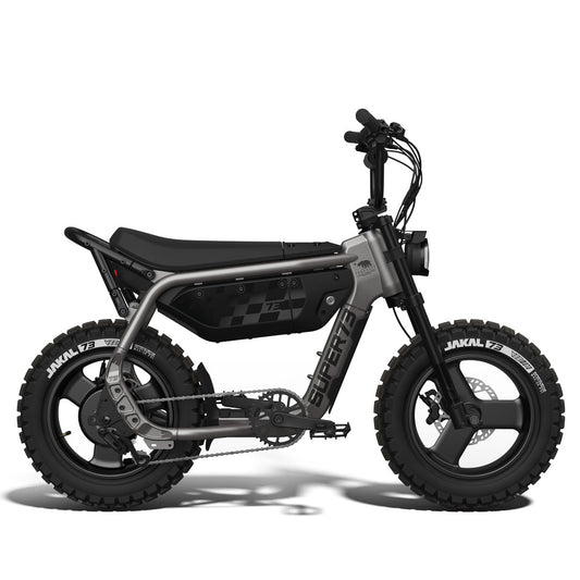 Super73 MZFT eMOTO eBike in Titanium Ore color, side view, ready to ride, product image