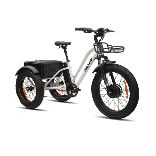 White Kasen eBike Trike, ready to ride, shown in product image with options for 14.5AH and 17.5AH battery, model R2R.
