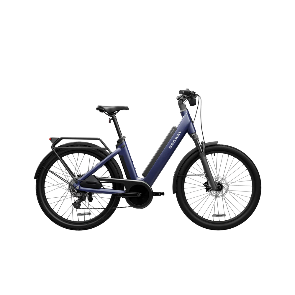 Blue suede shoe designed for eBike Segway Myon, side view, product image on white background